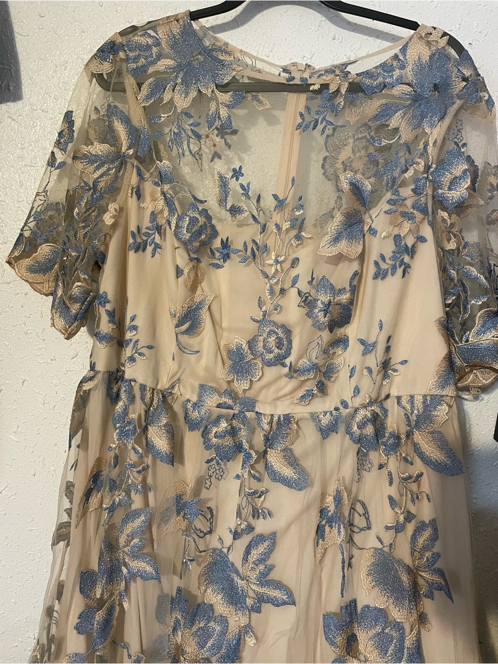 Adrianna Papell Beige Dress with Blue Floral Embroidery